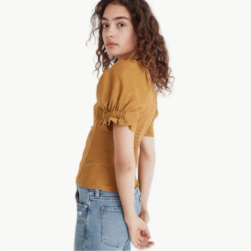 Madewell Button Front Smocked Back Blouse Size 6 Bronzed Lichen Hemp NWT Casual